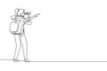 Continuous one line drawing female adventurer carrying backpack while looking through binoculars. Exploration of mountainous or