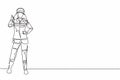 Continuous one line drawing female firefighters stood wearing helmets and uniforms complete with a thumbs-up gesture to work to Royalty Free Stock Photo