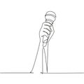 Continuous one line drawing female hand holding microphone isolated on white background, clipping path. Karaoke people sings the Royalty Free Stock Photo