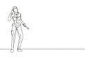 Continuous one line drawing female mechanic stands up with call me gesture and holding wrench to perform maintenance on vehicle