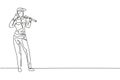 Continuous one line drawing female plumber stands with call me gesture and holding carpentry tool fixing broken plumbing at home. Royalty Free Stock Photo