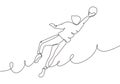 Continuous one line drawing of football player jump and catch the ball. Concept of keeper defense during match game. Vector Royalty Free Stock Photo