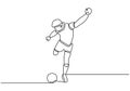 Continuous one line drawing of football or soccer player is shooting the ball to make a goal during game or tournament. Vector