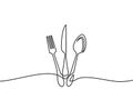 Continuous one line drawing.Forks, spoons, knife plates and all eating and cooking utensils, can be used for restaurant logos, cak