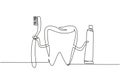 Continuous one line drawing giant tooth holding toothbrush in one hand and toothpaste in the other. Symbol or logo dental clinic,