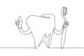 Continuous one line drawing giant tooth is holding toothbrush and one of his hands is doing thumbs up gesture