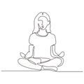 Continuous one line drawing of girl doing yoga sitting in lotus. Woman relaxation and meditation for healthy body and positive