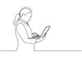 Continuous one line drawing girl with laptop vector illustration. Woman holding notebook for office job Royalty Free Stock Photo