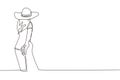 Continuous one line drawing girl leads guy\'s hand. Take my hand. Woman with summer hat walking on romantic honeymoon Royalty Free Stock Photo