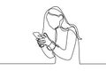 Continuous one line drawing of girl playing and using mobile phone or smartphone