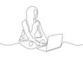 Continuous one line drawing of girl sitting with laptop. Casual woman doing freelance job work at home