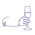 Continuous one line drawing glass of shimmer wine in hand toasting on white background.
