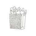 Continuous one line drawing grocery bag with vegetables. Paper package with agricultural products and fruits. Paper bag in swirl Royalty Free Stock Photo