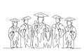 Continuous one line drawing group of happy graduate male and female college student wearing gown and holding diploma certificate Royalty Free Stock Photo