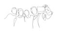 Continuous one line drawing of group people selfie. Man and women taking a picture with smartphone to capture moment