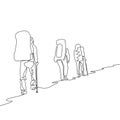 Continuous one line drawing group of three travelers hiking