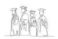 Continuous one line drawing group of young happy graduate male and female college student wearing gown and holding diploma Royalty Free Stock Photo