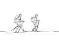 Continuous one line drawing of hand drawn traveling people with backpacks silhouettes. Vector illustration. Element for you design