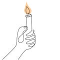 Continuous one line drawing of a hand holding burning candle. Human hands holding a memory candle. Melting wax candle in left hand Royalty Free Stock Photo