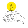 Continuous one line drawing of a hand holding burning candle. Human hands holding a memory candle. Melting wax candle in left hand Royalty Free Stock Photo