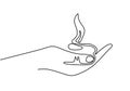 Continuous one line drawing of hand holding burning candle. Minimalism vector isolated on white background