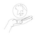 Continuous one line drawing. Hand holding Earth globe. Vector illustration. Royalty Free Stock Photo