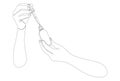 Continuous one line drawing of hand holding glass pipette taking drop from a vial. Cosmetics, oils or medical drops