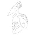 Continuous one line drawing of a hand holding an hair care oil dropper near a young guy head. Hair loss treatment