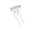 Continuous one line drawing of Hand Holding Hotdog. Hotdog line art drawing vector illustration