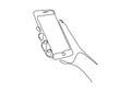 Continuous one line drawing of hand holding phone or smartphone. Vector illustration minimalism design smart mobile technology