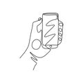 Continuous one line drawing hand holding smartphone or mobile phone. Concept of technology gadget vector minimalism illustration