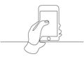 Continuous one line drawing of hand holding smartphone vector. Technology cell phone theme design