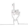 Continuous one line drawing hand holding vintage key. Key takeaways design. Hand with an old key. Retro style unlock icon. Classic