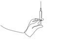 Continuous one line drawing of a hand with injection. Medical equipment or tools illustration hand drawn. A hand holding a needle