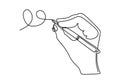 Continuous one line drawing hand palm fingers gestures pen, pencil. Ballpoint in hand. Writing or drawing with ink pen. Vector Royalty Free Stock Photo