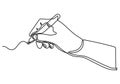 Continuous one line drawing hand palm fingers gestures pen, pencil. Ballpoint in hand. Writing or drawing with ink pen. Vector Royalty Free Stock Photo