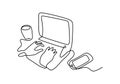 Continuous one line drawing of hand typing on laptop with smartphone and cup of coffee on the desk. Concept of working area