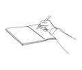 Continuous one line drawing of Hand writing on the book. Hand holding pen single line art vector illustration Royalty Free Stock Photo