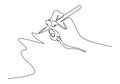 Continuous one line drawing of hand writing minimalism style. Fingers holding ink pen or pencil to draw or write on paper Royalty Free Stock Photo