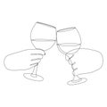 Continuous one line drawing of hands cheering with glasses of wine. Single line drawing of cheers of wine glass