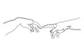 Continuous one line drawing of hands going to touch together. One line art of touching fingers. Vector