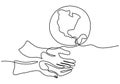 Continuous one line drawing of hands holding Earth globe isolated on white background. Earth Day theme. A human hand holding world Royalty Free Stock Photo