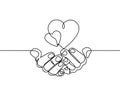 Continuous one line drawing. hands holding heart on white background. Black thin line of hand with heart image.