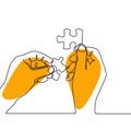 continuous one line drawing of hands solving jigsaw puzzle minimalist design Royalty Free Stock Photo