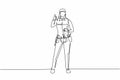 Continuous one line drawing handywoman stands with thumbs-up gesture and tools such as pliers, screwdriver, hammer that is placed