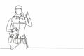 Continuous one line drawing handywoman with thumbs-up gesture is ready to work on repairing the damaged part of the house in a
