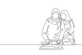 Continuous one line drawing happy Arabian family mother-in-law and daughter-in-law daughter cook in cozy kitchen, knead dough and