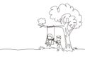 Continuous one line drawing happy boys and girls playing on tree swing. Cheerful kids on swinging under a tree. Cute children