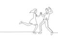 Continuous one line drawing happy couple man and woman performing dance at school, studio, party. Male and female characters