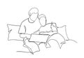 Continuous one line drawing happy couple of man and woman using laptop. Family is sitting on the couch with devices. Vector Royalty Free Stock Photo